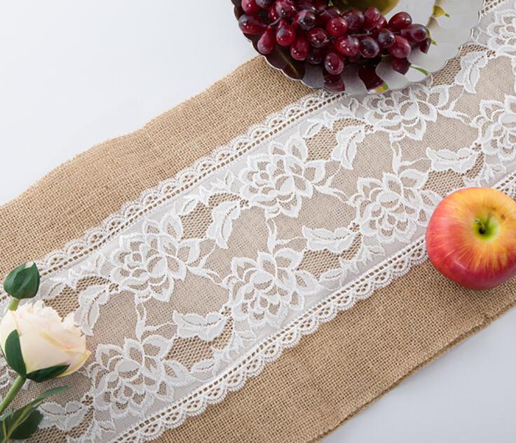 Linen Lace Table Runner Vintage Burlap Cloths Natural Jute Country for Party Wedding Decoration