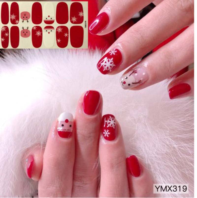 14pcs Cute Christmas Snowflake Santa Claus 3D DIY Fashion Style Plastic Art Short Fake False Sticker Red Nail Tips Glue Gel
