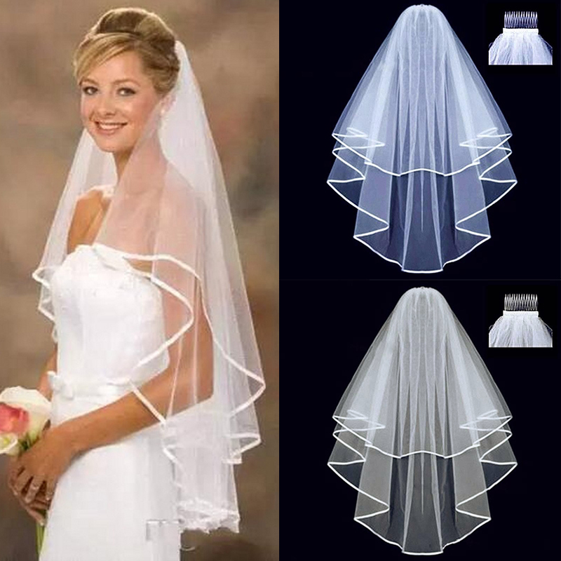 Charming Dual Shade Tulle Wedding Veil Timeless White & Beige Two-Layered Headpiece with Ornate Edging for Bridesmaids & Groomsmen
