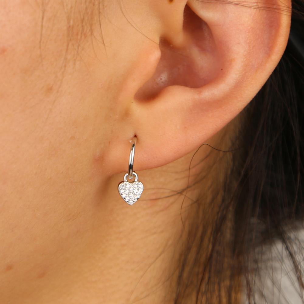 high quality fine 925 sterling silver circle hoop with micro pave cz heart charm dangle earring