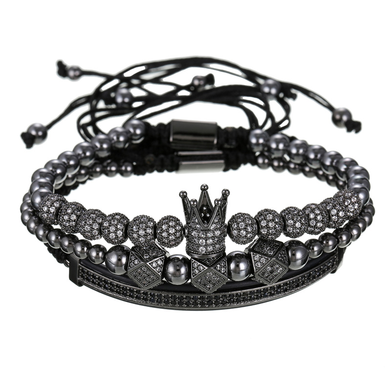 3Pcs/Set Couple CZ Crown Bracelet Sets For Men Gold Pave Cubic Micro Charm Women Braided Bracelet Sets Pulseira Bileklik