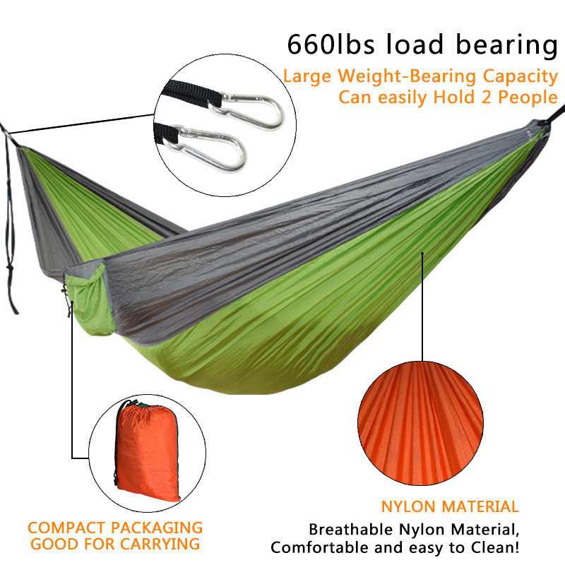 Single Double Hammock Adult Outdoor Backpacking Travel Survival Hunting Sleeping Bed Portable With 2 Straps 2 Carabiner