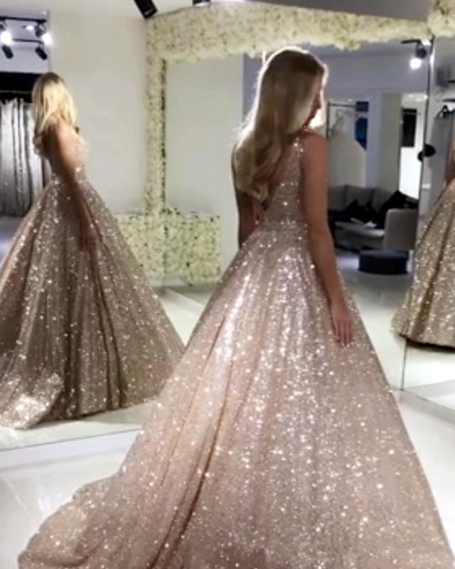Sparkly Gold Rose Prom Dresses V Neck Sequined Glitters Backless Evening Gowns Shiny Party Dress Special Occasion robes de soirée