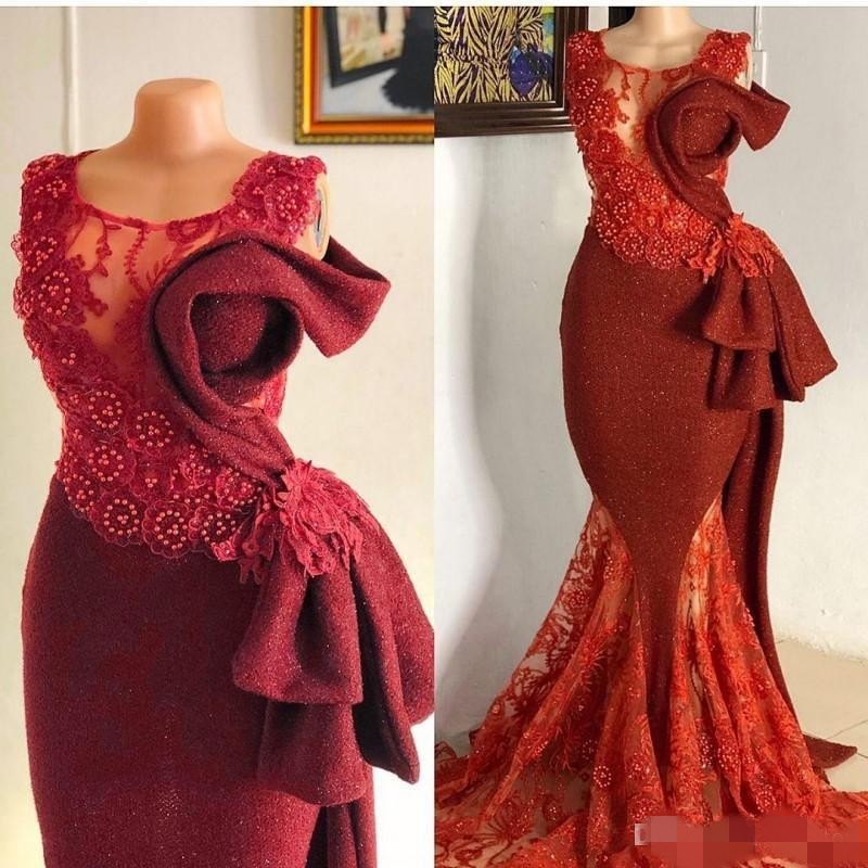 Dark Red Modest Prom Dresses Peplum Ruffles Lace Applique Mermaid Beaded Scoop Neck African Girl Evening Party Gown Formal Ocn Wear