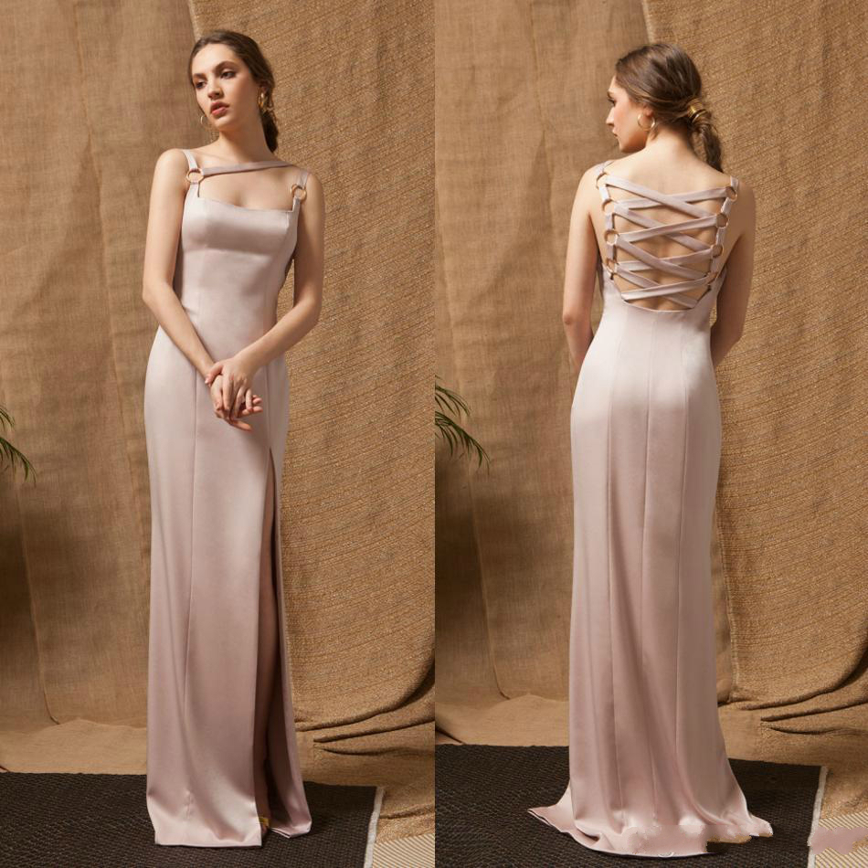 2019 Pink Satin Mermaid Prom Dresses Bandage Back Side Split Evening Gowns Plus Size Party Dress Special Occasion robes de soirée