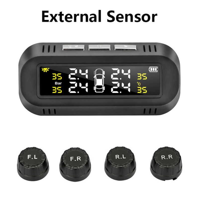 Solar TPMS Car Tire Pressure Alarm Monitor System Display Attached to glass tpms Temperature Warning With 2 Sensors