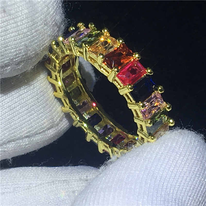 vecalon Handmade Eternity Ring Full Princess cut 5A cz Gold Filled 925 Silver Party Wedding Band Rings for women Men Jewelry