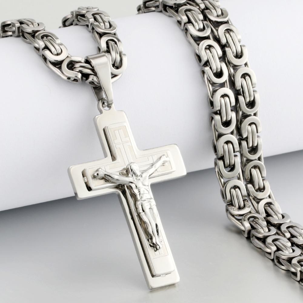 Men's Stainless Steel Jesus Christ Holy Crucifix Cross Pendants Necklaces Catholic Long Chain Necklaces Boys Gifts Jewelry NC011
