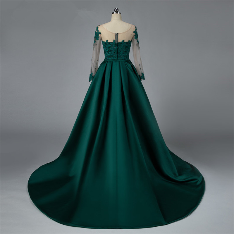 setwell dark green satin mermaid evening dresses custom side split gown detachable train long sleeves prom dress robe de soiree