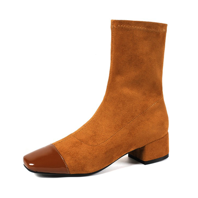 Elastic Ankle Sock Boots Chunky Heels Squre Toe Autumn Winter Slim Stretch Boots Suede Comfy Shoes Women Bota Feminina