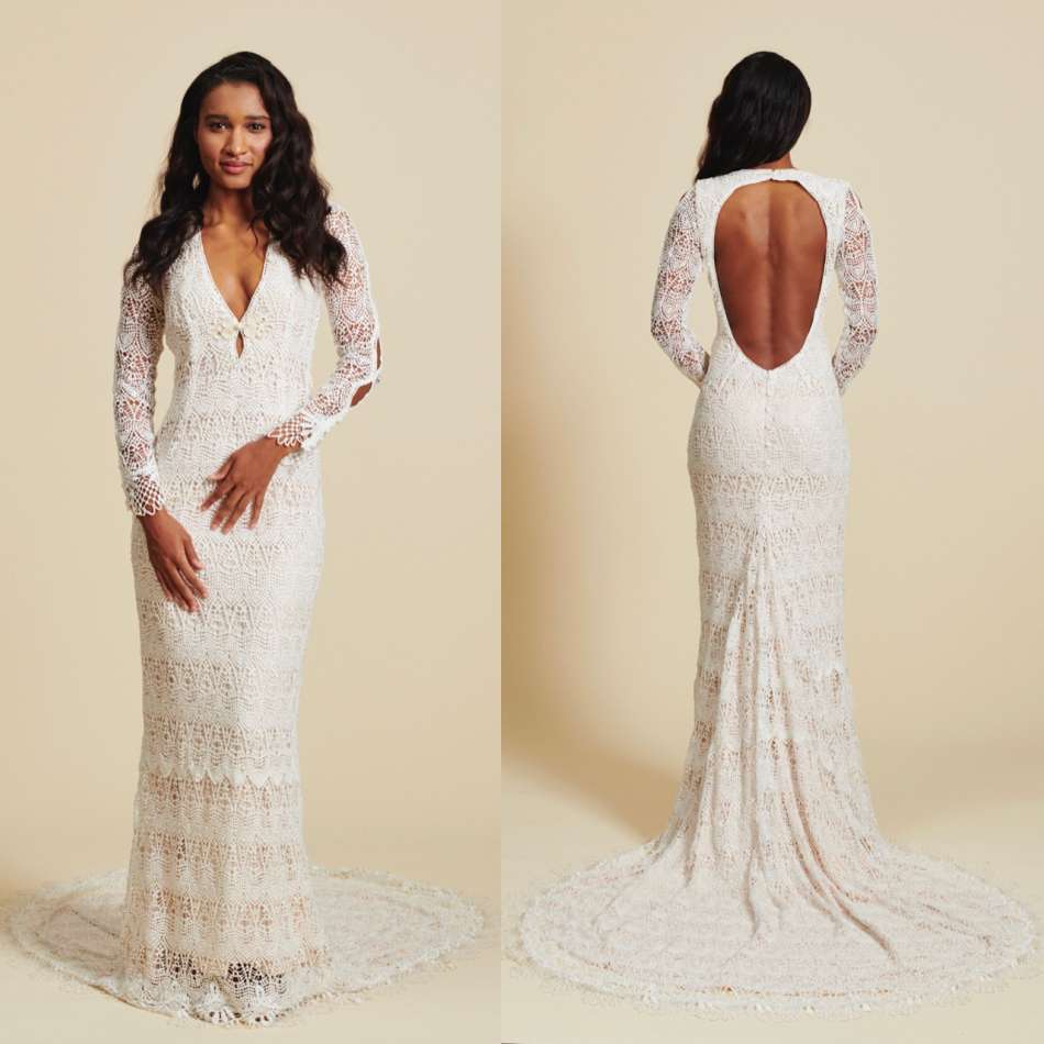 bohemia mermaid wedding dresses v neck long sleeve full lace boho open backless bridal gowns beach sweep train wedding dress