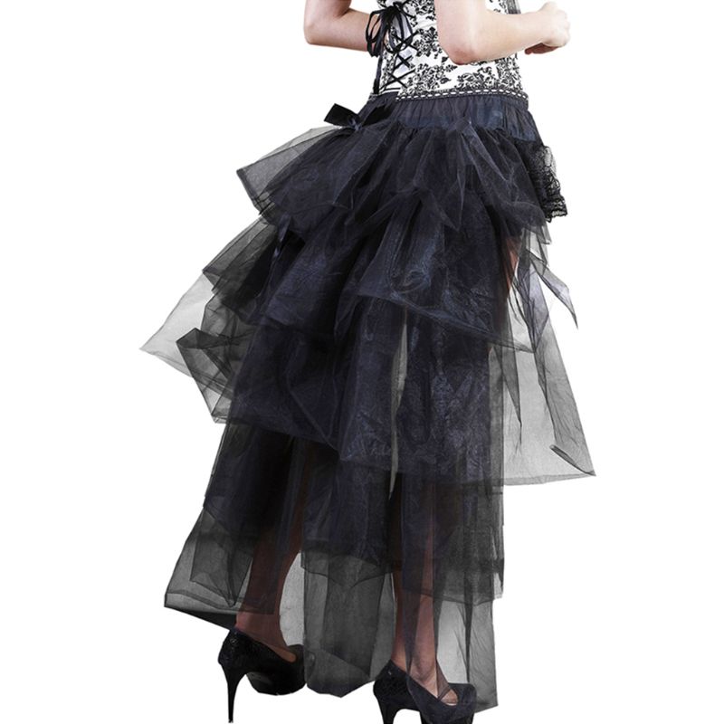 

Women Tiered Mesh Tutu Skirt Sexy Club Dance Party Ruffle Ladis Long Petticoat with Big Satin Bow Female Ball Gown Hi-lo Skirts, Black