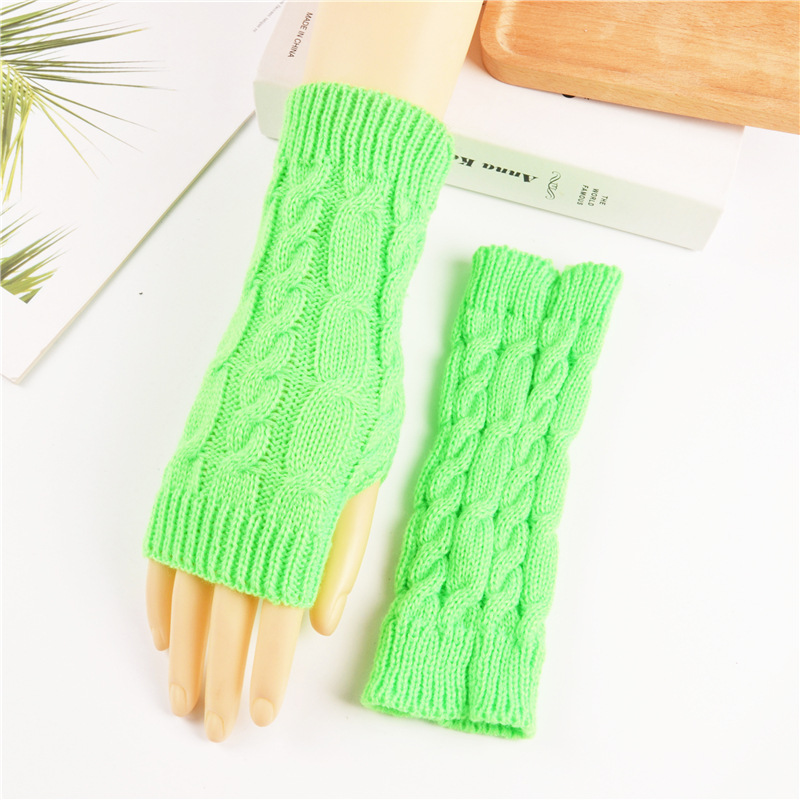 Autumn Winter Women Combing Fine Wool Cable Fingerless Gloves Thick Soft Knitted Woolen Arm Warmers Thumb-hole Arm Sleeve