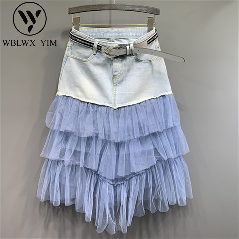 Fashion Mesh Splice Denim Skirt Women Summer New High waist A-Line Midi length Skirts Women Casual Loose Package Hip Jeans Skirt, Blue
Fashion Mesh Splice Denim Skirt Women Summer New High waist A-Line Midi length Skirts Women Casual Loose Package Hip Jeans Skirt, Blue