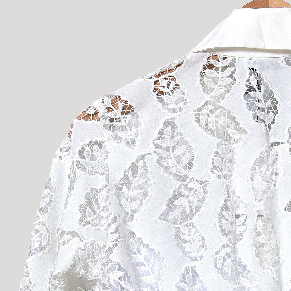 2020 Spring Summer 4/5 Sleeve Lapel Neck White Floral Print Embroidery Buttons Mid-Calf Dress Women Fashion Dresses W1815068
