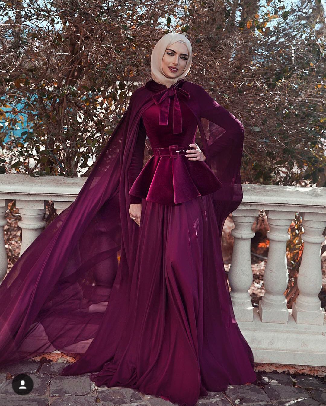 Said Mhamad Burgundy Prom Dresses 2019 Long Sleeve Muslim Evening Gowns High Neck Velvet Peplum Formal Party Dresses with Wrap