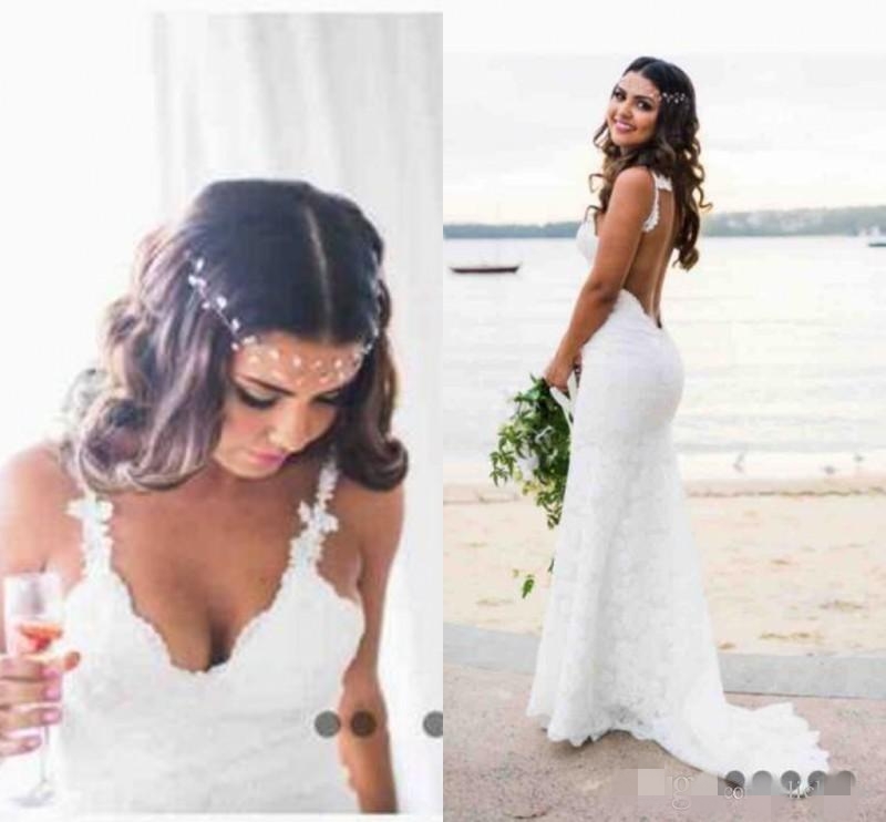 Full Sexy Backless Lace Dresses Mermaid Spaghetti Straps Appliqued Sweep Train Custom Made Wedding Gown Vestido De Novia