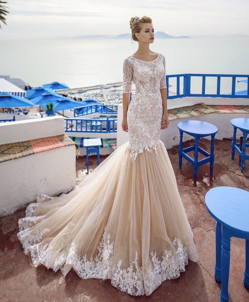 Lace Champagne Mermaid Wedding Dresses With Half Sleeves Bateau Neck Sequined Bridal Gowns Trumpet Tulle Plus Size Robe De Marie