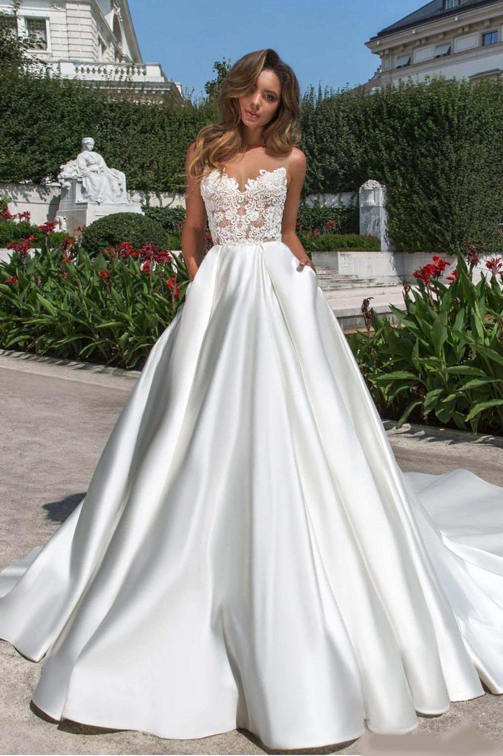 Simple Design A Line Stain Wedding Dresses Illusion Top Sheer Neck V Cut Backless Bridal Gowns With Pockets Lace Long Train Vestidos