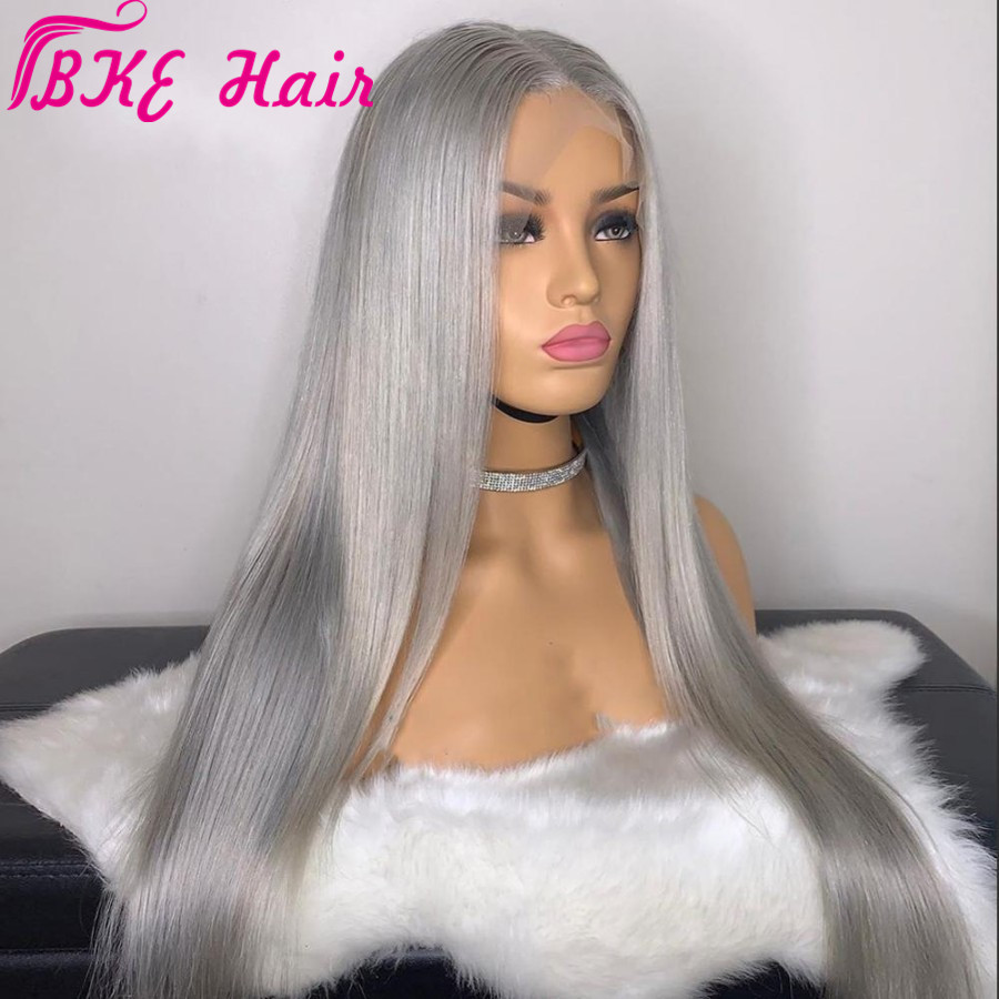 Natural Long Silky Straight Silver Grey Color brazilian full lace front wig High Density Heat Resistant Glueless Synthetic Wigs for women