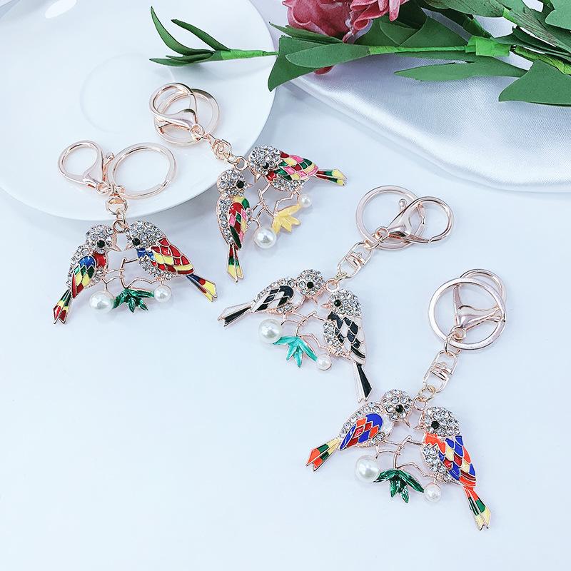 Newest Forest Bird Key Rings Holder Alloy Rhinestone Pendant Keychain Pearl Women Bag Charms 3D Keyring Chain Accessories for Car Keys