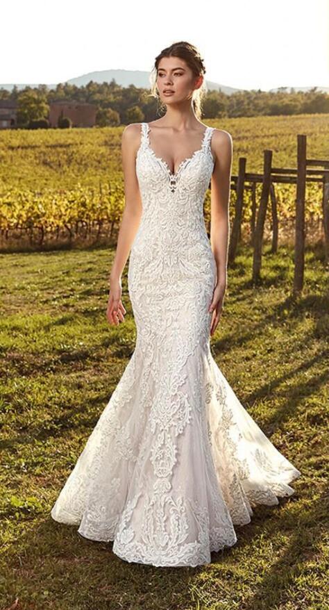 2020 Elegant lace Straps Deep V Neck Lace Mermaid Wedding Dresses Full Lace Tulle Summer A -line Wedding Bridal Gowns Illusion Back