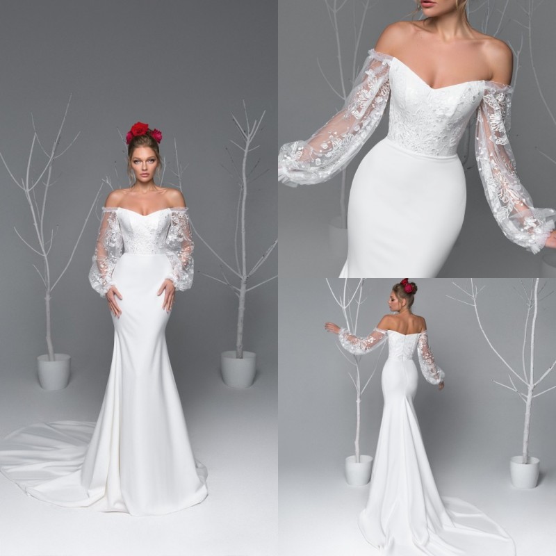 Elegant Mermaid Wedding Dresses With Off Shoulder Lace Appliqued Sweep Train Beach Bridal Gowns Plus Size Boho Long Sleeve Wedding Dress, Nude
Elegant Mermaid Wedding Dresses With Off Shoulder Lace Appliqued Sweep Train Beach Bridal Gowns Plus Size Boho Long Sleeve Wedding Dress, Nude