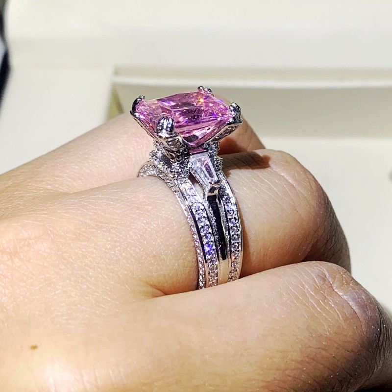 Three Color Diamond Vintage Jewelry 925 Sterling Silver Princess Cut 5A Zircon Big Gemstones Eiffel Tower Women Wedding Bridal Ring Gif