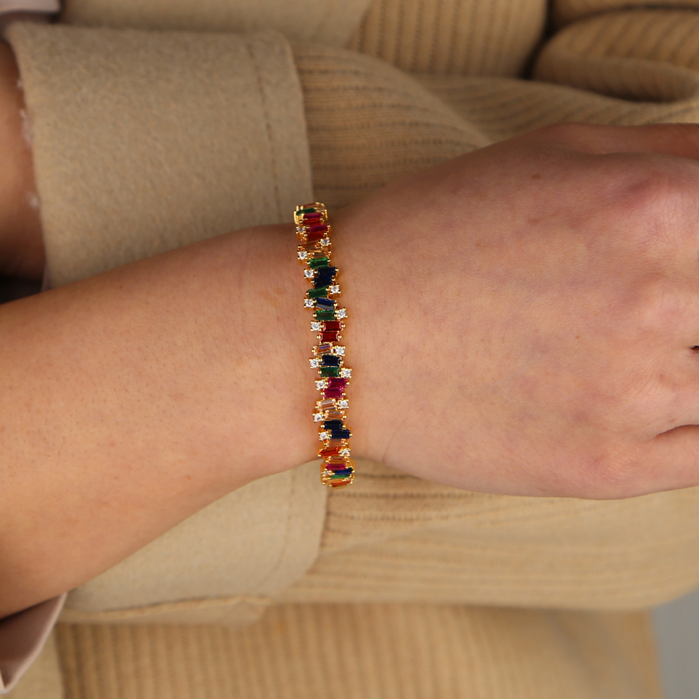 rainbow baguette cz band bangle bracelet for women colorful firework cz gorgeous women jewelry