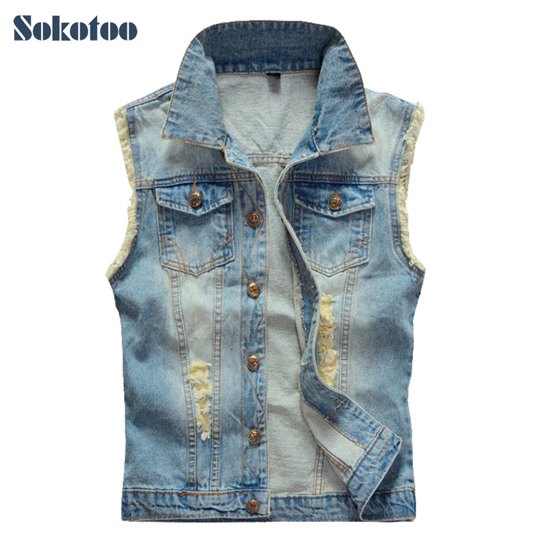 Sokotoo Men' casual plus large size holes ripped denim vest Slim light medium dark blue tank top Coat Outerwear
Sokotoo Men' casual plus large size holes ripped denim vest Slim light medium dark blue tank top Coat Outerwear