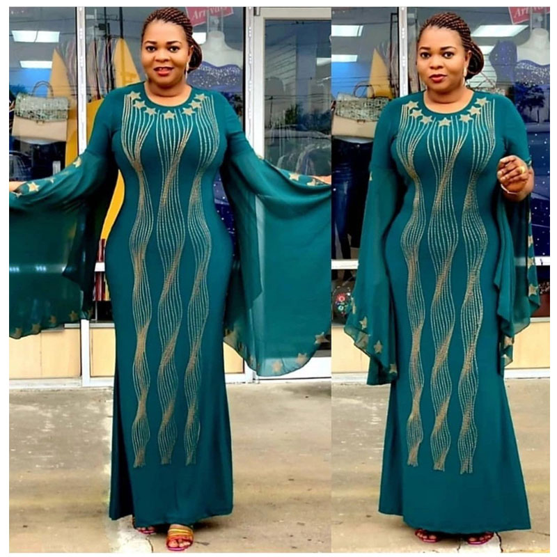 2019 African 3-Sizes New Design Bazin Chiffon Long Sleeve Diamond Dashiki Length :150cm For Lady(zuan)