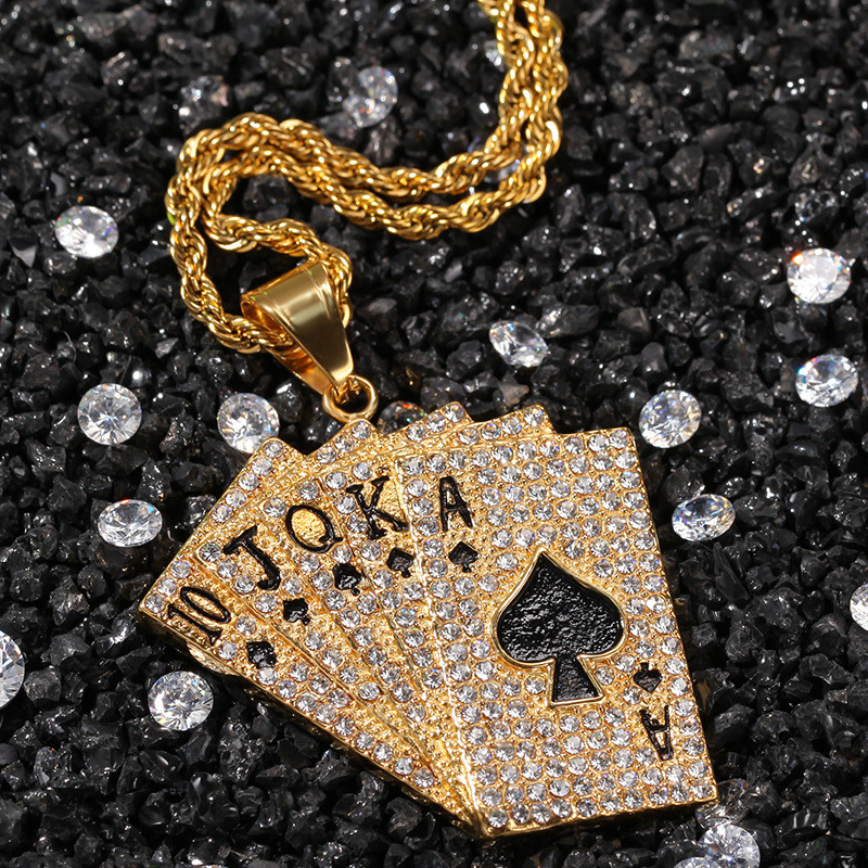 New Arrived Iced Put Full Diamond Studded Playing Card Stainless Steel Pendant Necklace with Rope Chain
New Arrived Iced Put Full Diamond Studded Playing Card Stainless Steel Pendant Necklace with Rope Chain