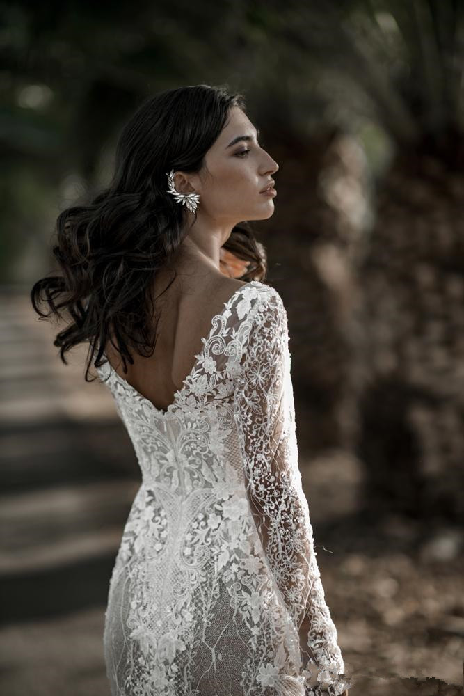 Vintage Countryside Mermaid Wedding Dresses 2020 Illusion Long Sleeve Full Lace Floral Bohemian Backless Wedding Gown Vestidos De Novia