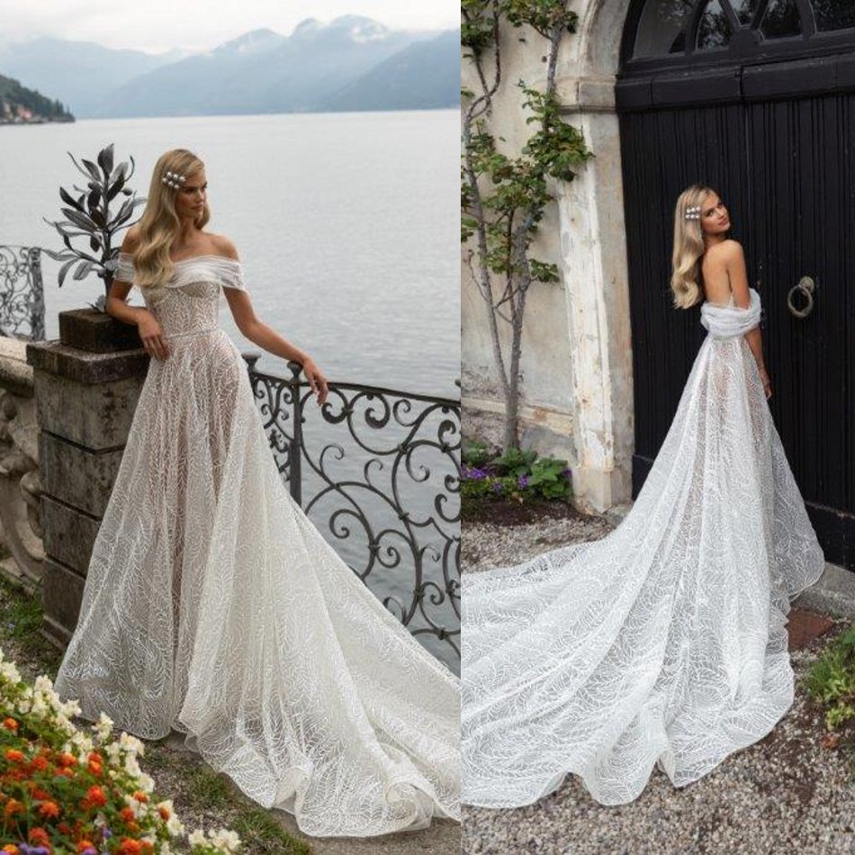 Newest A-line Wedding Dresses Off Shoulder Appliqued Beaded Sash Backless Bridal Gown Ruffle Sweep Train Custom Made Robes De Mariée