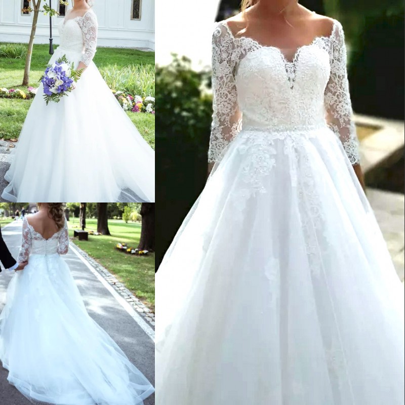 New Modern Cap Sleeve Wedding Dresses Sweetheart A-Line Illusion 3/4 Sleeves Tulle Open Back Bohemia Lace Applique Beach Bridal Gowns