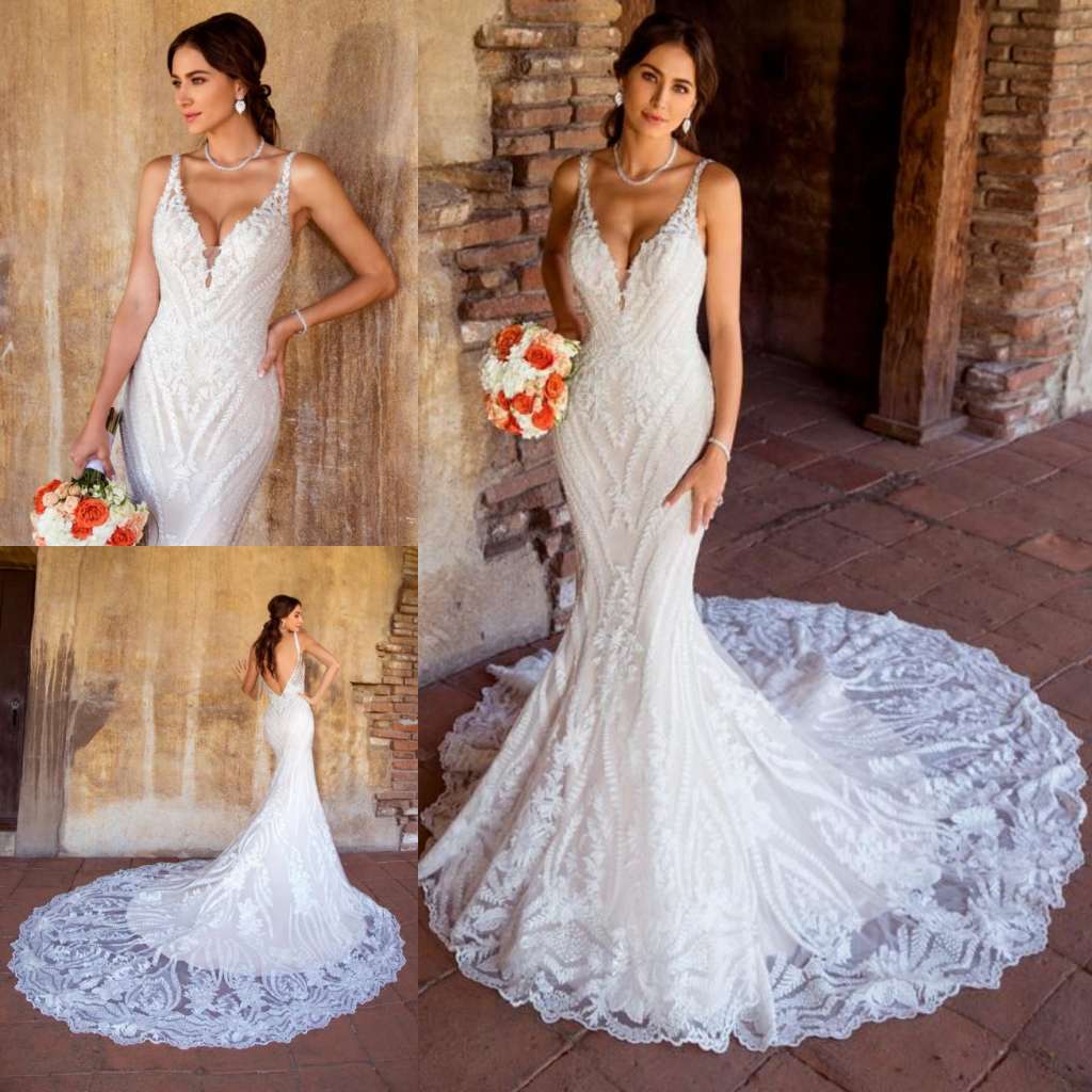 Kitty Chen Lace Mermaid Dresses V Neck Sexy Backless Sweep Train Country Wedding Dress Custom Made Plus Size Boho Bridal Gowns