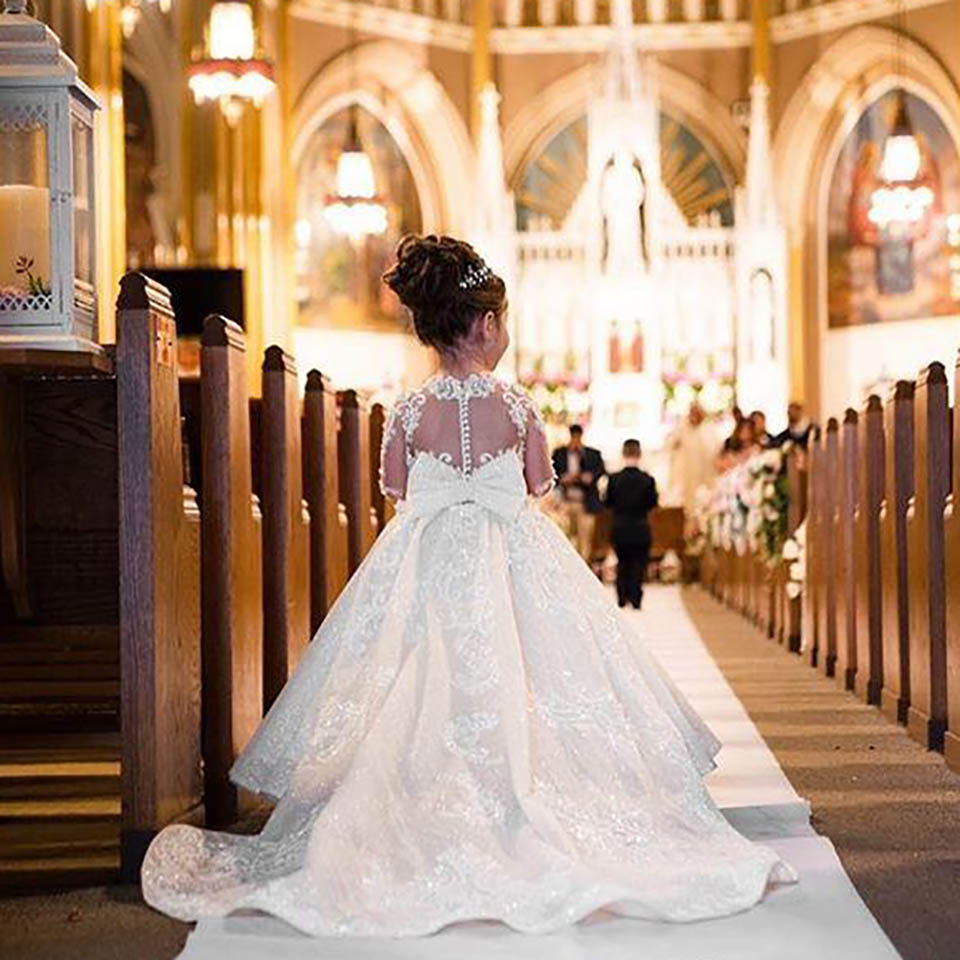 New Princess Flower Girl Dresses For Weddings Illusion Lace Appliques Tulle Long Sleeves Child Birthday Communion Girls Pageant Dresses