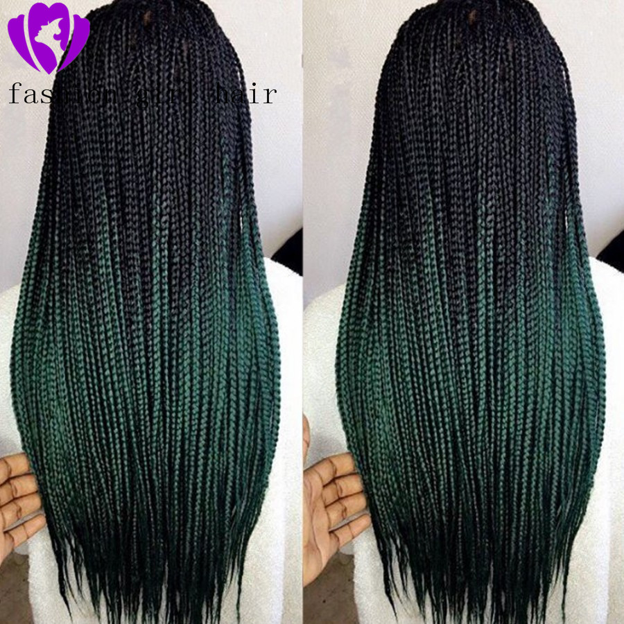 Free shipping Afro America ombre green Box Braided Natural Hairline two Tone Color Long natural Synthetic Lace Front Wigs with baby hair