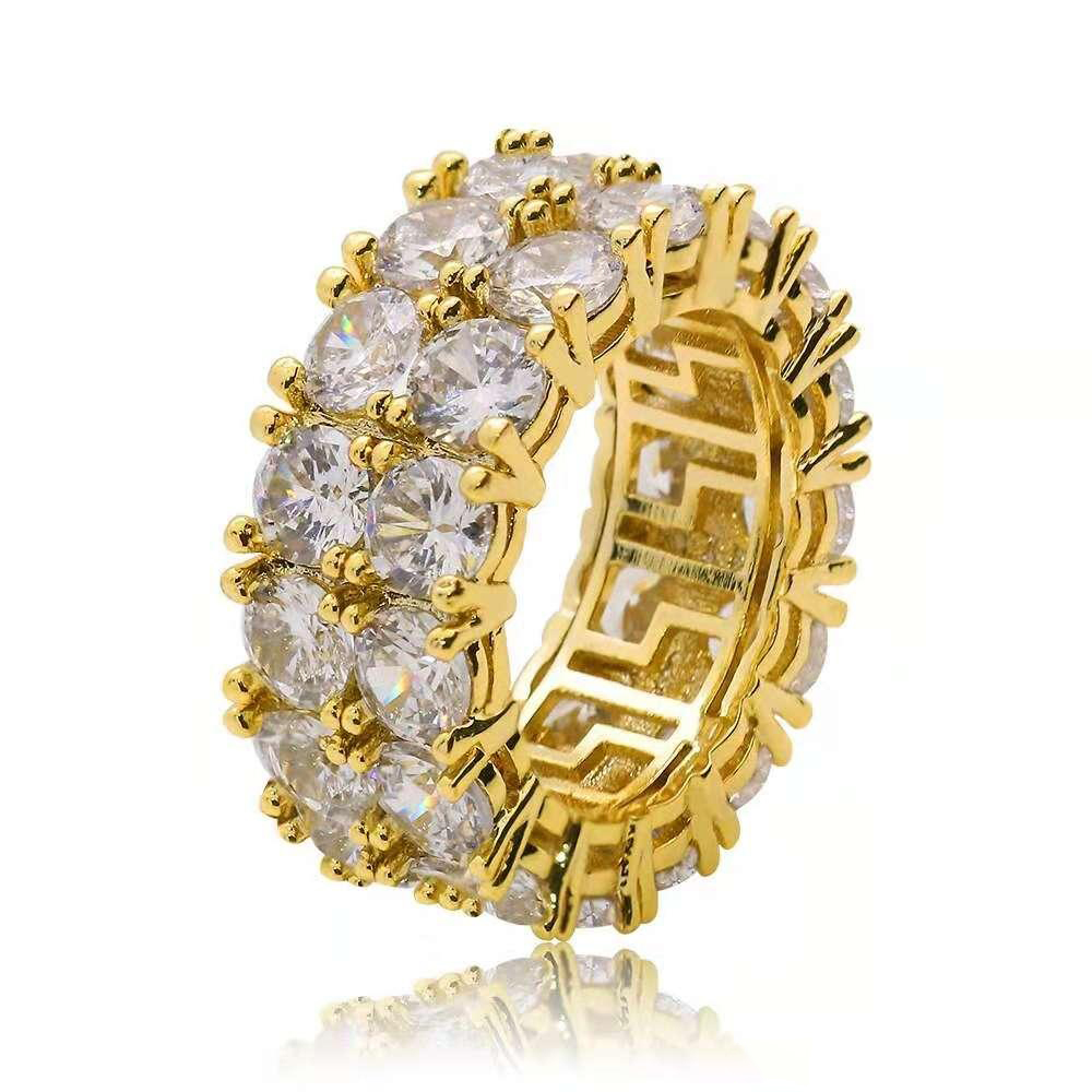 hip hop full diamonds ring for men women western Double row side stone rings real gold plated Rhinestone copper jewelry