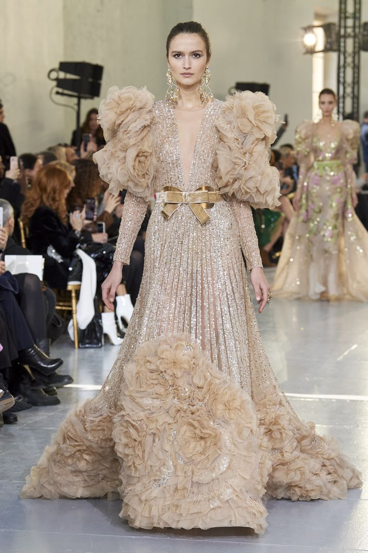 Elie Saab New Sequins Evening Gowns Illusion Deep V Neck Long Sleeve Prom Party Dresses Runway Fashion Vestidos De Fiesta