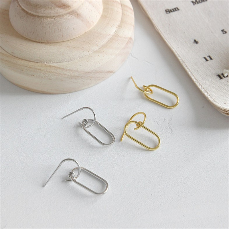 New White Gold /18K Gold Color Simple Style Geometric Oval Dangle Earrings For Women Authentic 925 Sterling Silver Drop Earring