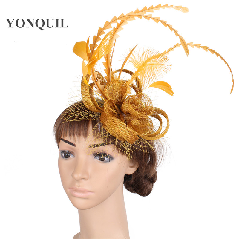 Vintage Gold sinamay base fascinator headwear occasion red bridal veils hair accessories feather millinery cocktail hat MYQ010