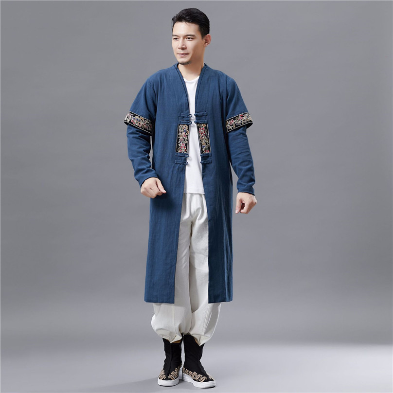 2019 Spring Autumn New Double Collar Long Sleeve T-shirt Men's Retro Fashion Long-style Chinese National Clothing Classic Design