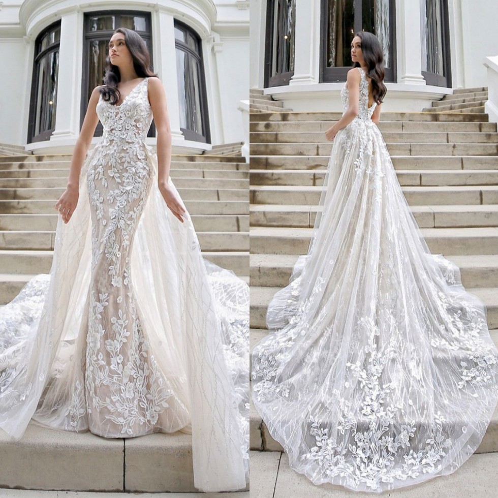 Mermaid Wedding Glamorous Dresses With Detachable Train V Neck Lace Backless Bridal Gowns Tulle Appliqued Trumpet Robe De Marie