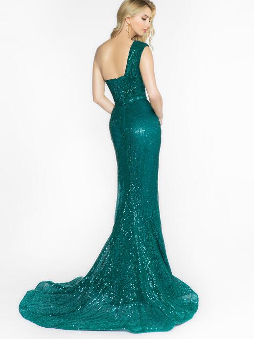 2020 Glitter Mermaid Evening Dresses One Shoulder Sequins Sleeveless Prom Gown Open Back Ruffle Sweep Train Custom Made Formal Party Gown