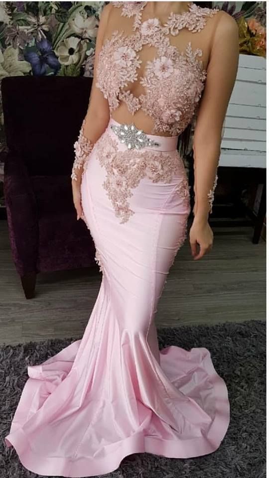 pink lace crystals evening dresses sheer neck long sleeves mermaid prom dresses vintage sexy formal party bridesmaid pageant gowns
