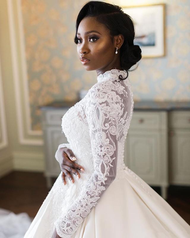 Arabic Aso Ebi Plus Size Lace Beaded Wedding Dresses High Neck Long Sleeves muslim princess Bridal Dresses Cheap Wedding Gowns