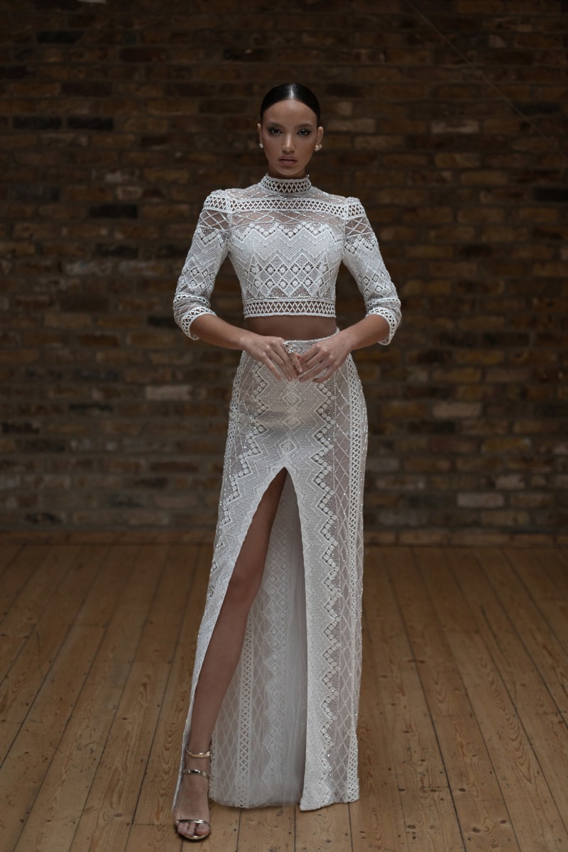 Charchy Mermaid Wedding Dresses Two Pieces Long Sleeve High Neck Tulle Lace Crystal Applique Princess Gown Floor Length Split Bridal Gowns