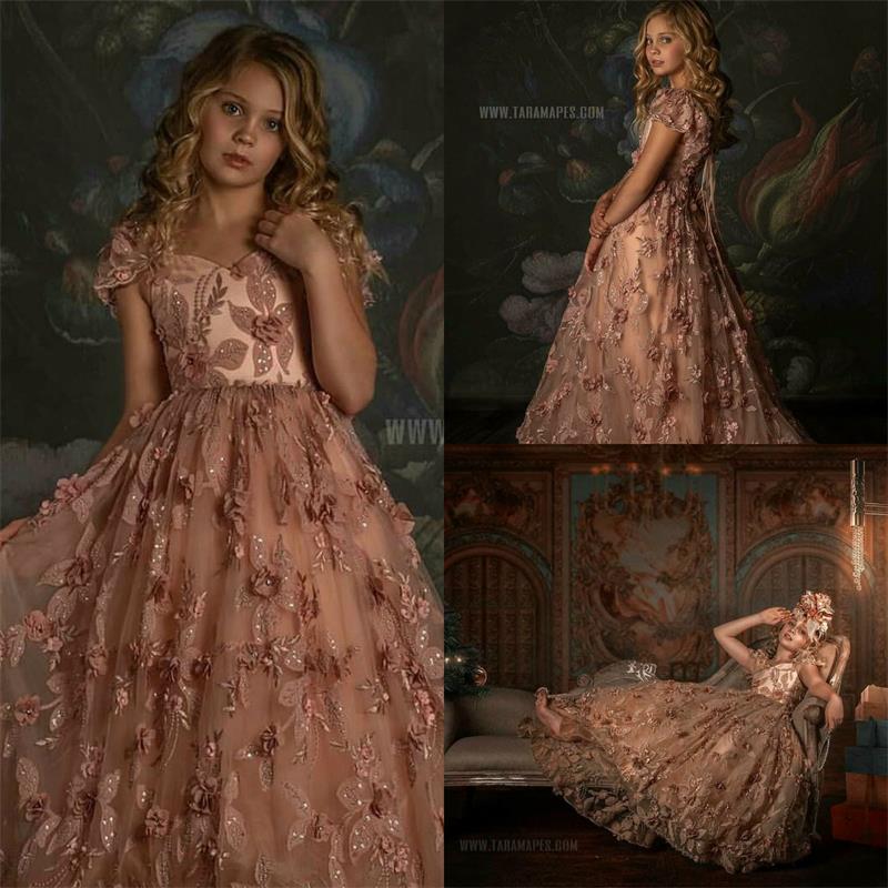 2020 Gorgeous Flower Girl Dresses for Wedding Lace 3D Floral Appliques Girls Pageant Dress Custom Made Kids Birthday Gowns