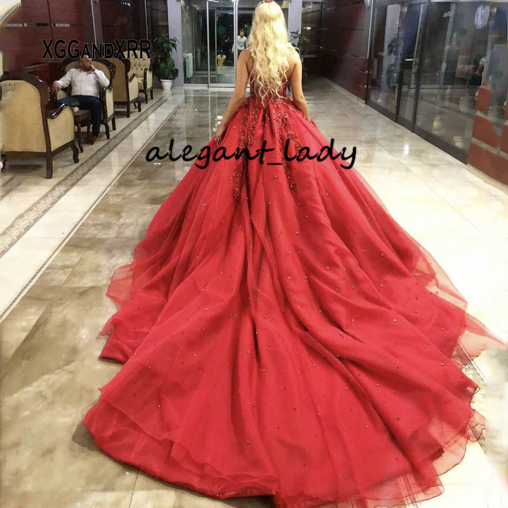 Luxury Baroque Princess Red Wedding Dresses 2019 Sparkly Crystal Beaded Sweetheart Lace-up Corset Arabic Gothic Wedding Gown